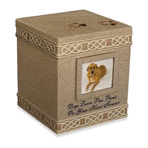 Tan pet memorial ash holder with Paw Print Accents, 6 inch pet urn with lid